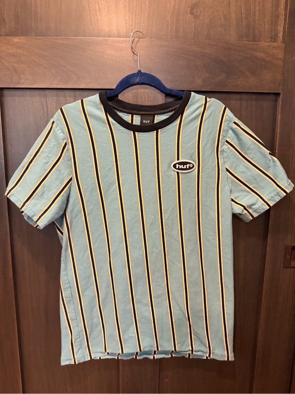 HUF Vertical Stripe Crew Tee in Light Blue, Black & Yellow